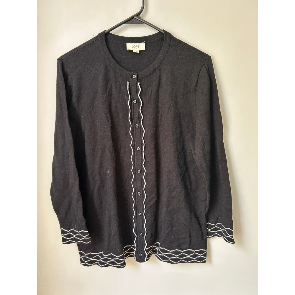 LOFT Outlet Black Cotton Cardigan Sweater White Ric Rac Trim Size L